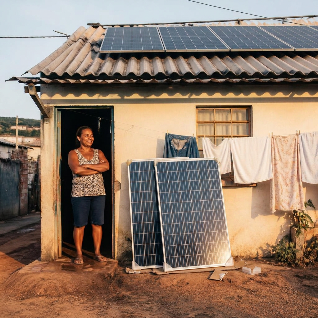Casa simples brasileira com placas de energia solar no telhado, ao pôr do sol